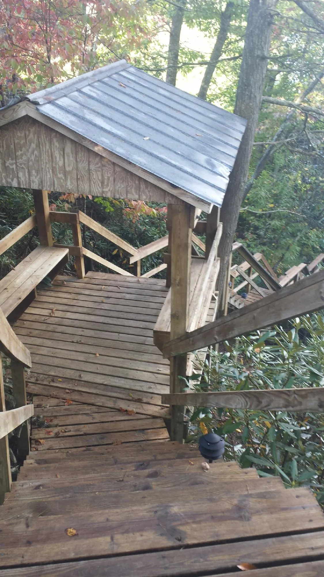 Metal roofed shelter over wooden steps on a wooded walkway — Skylight Repair & Installation work by our crew in Smithville